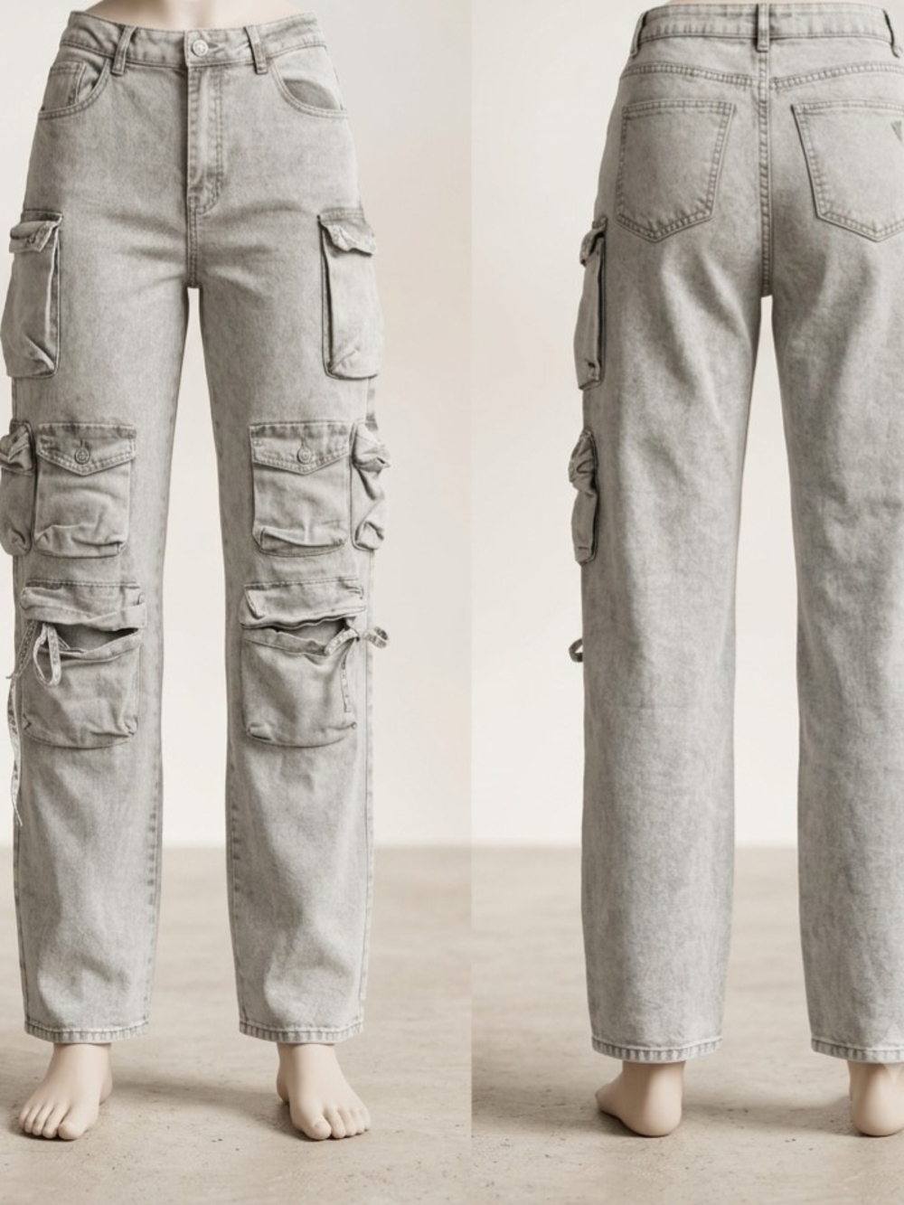 Multi-Pocket Cargo Jeans / High-Waist Utility Cargo Pants